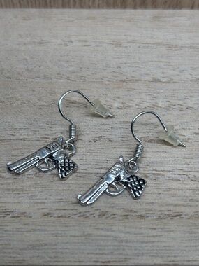 Silver Gun Charm Dangle Earrings - Silver
